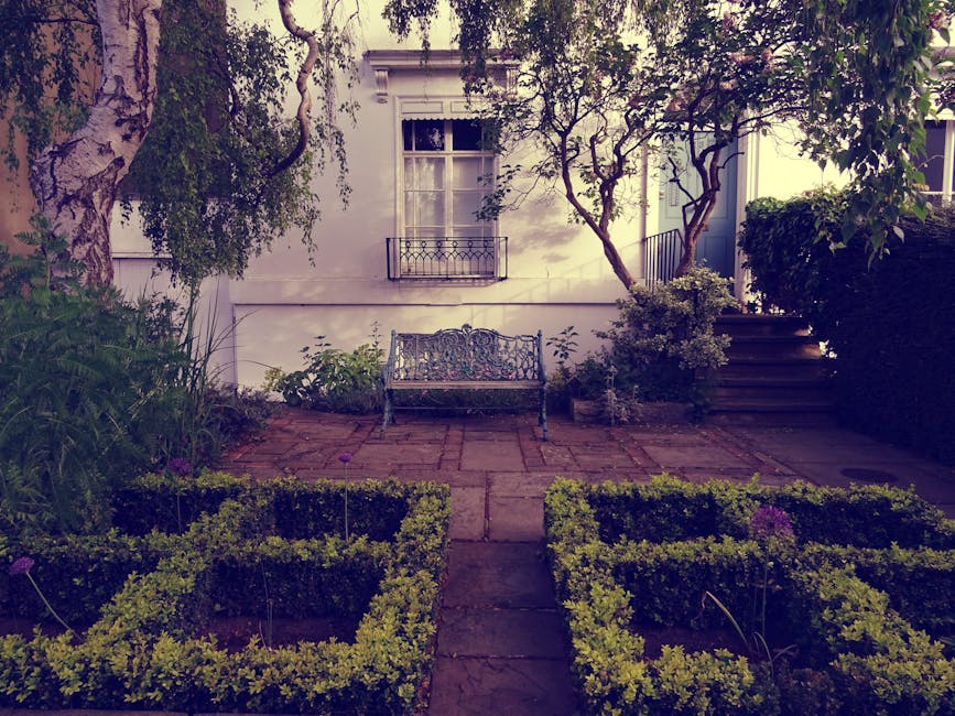 A small, neatly maintained garden in front of a white residential building with a window featuring a decorative iron balcony. The garden includes a paved stone pathway leading to a vintage-style metal bench situated against the house wall, surrounded by lush greenery and flowering plants. The foreground has a geometric hedge design with small, well-trimmed boxes of yellowish-green foliage, and the garden beds are filled with various leafy plants and purple flowers. To the right, a set of dark wooden steps ascends from the paved area to a higher outdoor space, partially shaded by overhanging branches of a mature tree with twisted branches and dense foliage. The garden appears to be maintained by Gardeners Battersea, as part of their outdoor care and landscaping work, with the environment illuminated by natural daylight, creating a serene atmosphere suitable for outdoor relaxation.